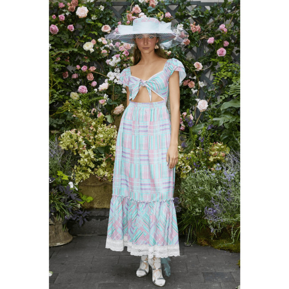 LoveShackFancy Emeka Plaid Cutout Maxi Dress Gingham Pastel Small Preowned - Picture 4 of 12